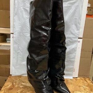 Black Croc-Embossed Knee-High Boots